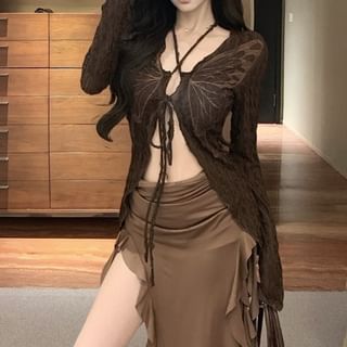 Butterfly Midi Long Top Plain Strapless Front Tie Trim Sleeve / V-Neck Print Bodycon Ruffle Dress