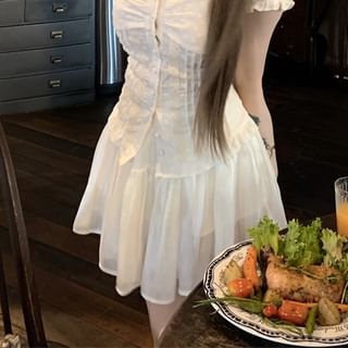 / Mini A-Line Panel Skirt Fit High Short-Sleeve Waist Blouse Lace Slim