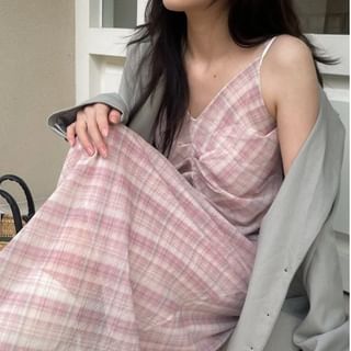 Plaid Spaghetti Strap V-Neck Maxi Dress
