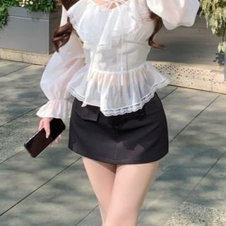 Ruffle Sleeve Plain Front Mini V-Neck Tie Skirt Lace Pencil Blouse Long / Trim