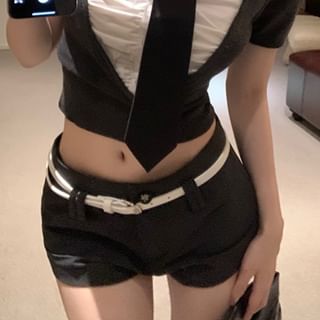 Plain Mock Rise Short Piece Mid Sleeve Top Crop Necktie Shorts Collared Ruched / Two