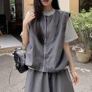 Crew Neck Tee with Zip Vest and Frill Balloon Skirt
