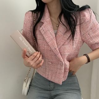 Short-Sleeve Double Breasted Tweed Crop Blazer