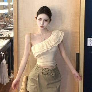 Cap-Sleeve One-Shoulder Lace Slim Fit Crop & High Waist Asymmetrical Mini Skort