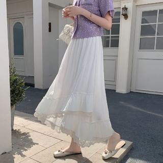 Elastic-Waist Lace-Panel Asymmetric Midi Flared Skirt