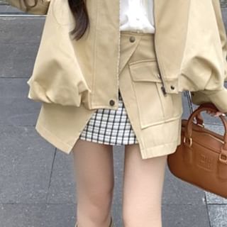Collared Zip Jacket & Plaid Cargo Skirt Set