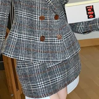 Double-Breasted Plaid Blazer with Notch Lapel & High-Waist Pencil Skirt