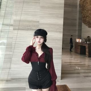 Long-Sleeve V-Neck Plain Ruffle Trim Two Tone Blouse / High Waist Plain Lace Up Shorts