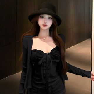 Plain Cardigan & Lace-Up Lace Panel Cami Top