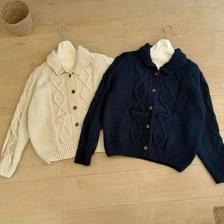 Cable-Knit Collared Plain Cardigan