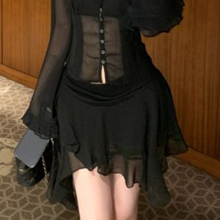Flared-Sleeve Ruffle Cutout Cropped Blouse and Asymmetrical Mini A-Line Skirt