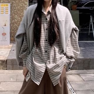 V-Neck Plain Button Cardigan / Long-Sleeve Collared Plaid Button Shirt