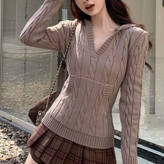 V-Neck Hooded Cable Knit Top and Plaid Pleated Mini Skirt