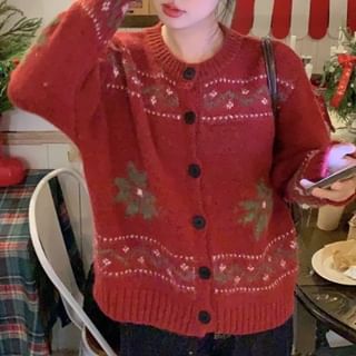 Crewneck Jacquard Button-Up Cardigan
