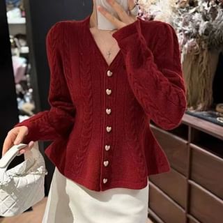 V-Neck Button-Up Plain Cable Knit Peplum Cardigan