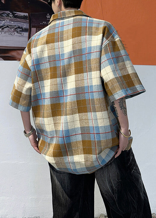 Plaid Cotton Pullover Sleeve Button Half Shirts Loose Men Coffee