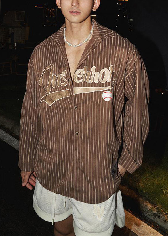 Loose Shirts Men Spring Letter Coffee Striped Cotton