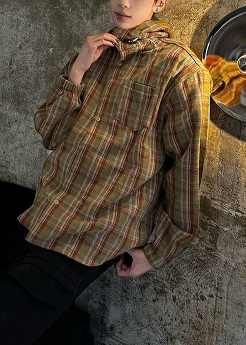 Men Plaid Hooded Cotton Spring Loose Yellow Shirts