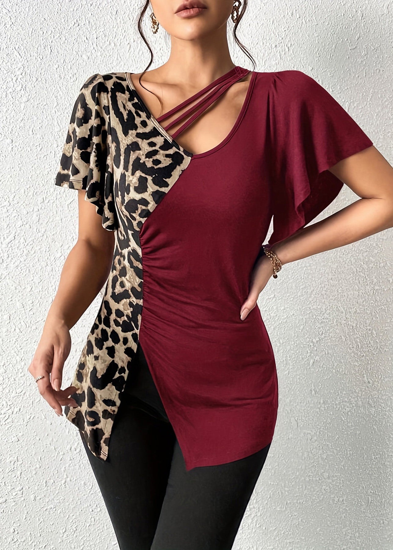 Army Cotton Patchwork New Butterfly Tops Green Asymmetrical