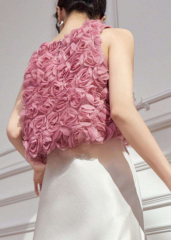 Floral Design Pink Sleeveless Original Vests Tulle