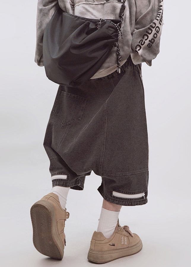 Dark Striped Gray Men Plus Elastic Shorts Waist Size Zippered Summer