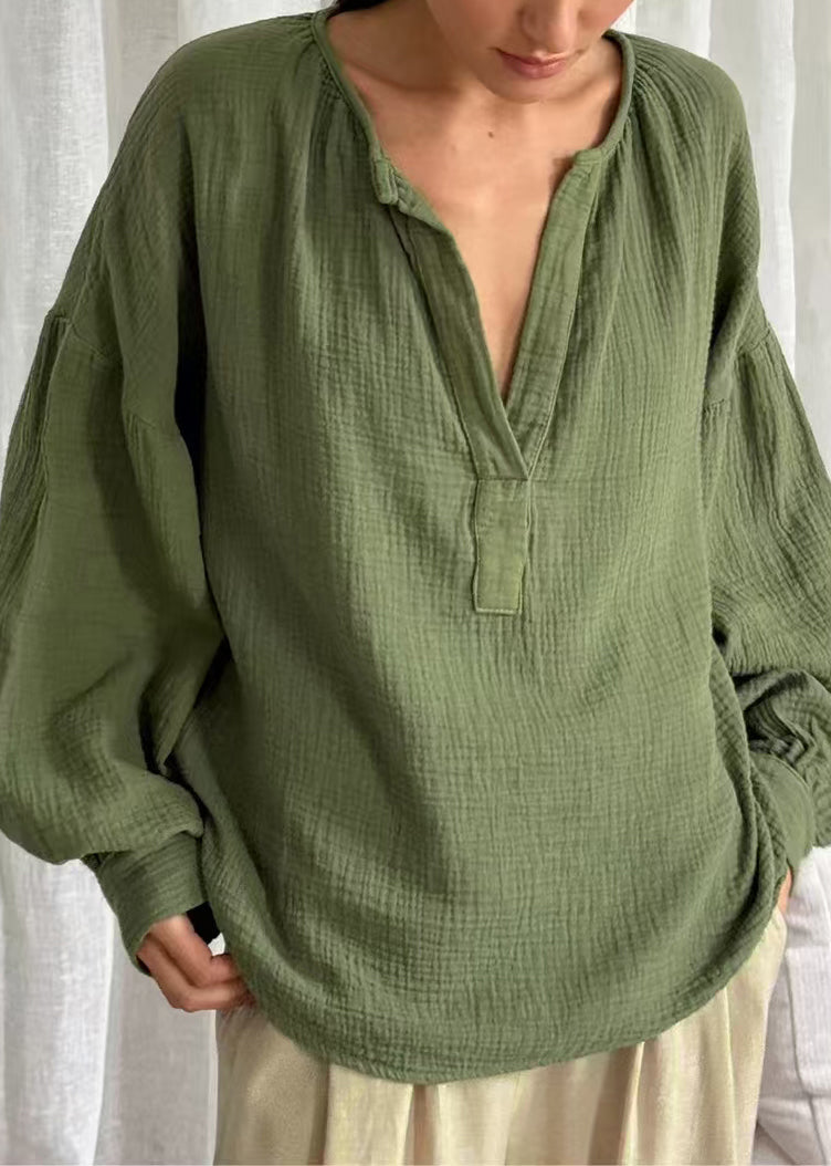 Solid Green Size Patchwork Plus Neck Fall V Tops