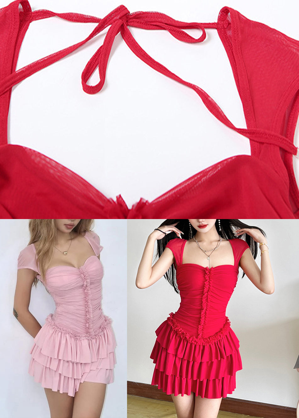 Dresses Short Red Sleeve Ruffled Patchwork Mid