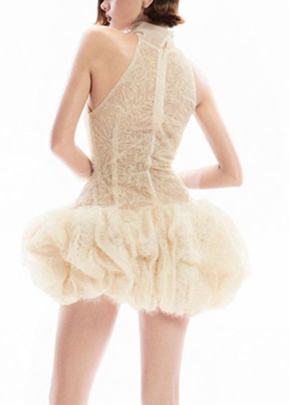 Sleeveless Dress Turtleneck Sexy Apricot Mid Patchwork Lace