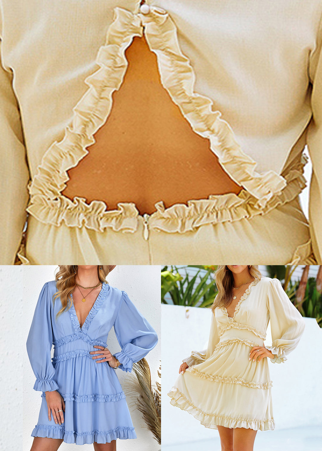 Mid Patchwork Sexy Sleeve Light Dress Ruffled Lantern Blue