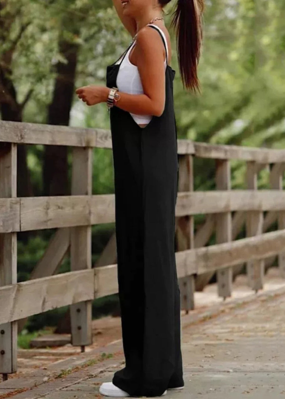 Simple Wide Patchwork Leg Neck Black Jumpsuit Slash Summer