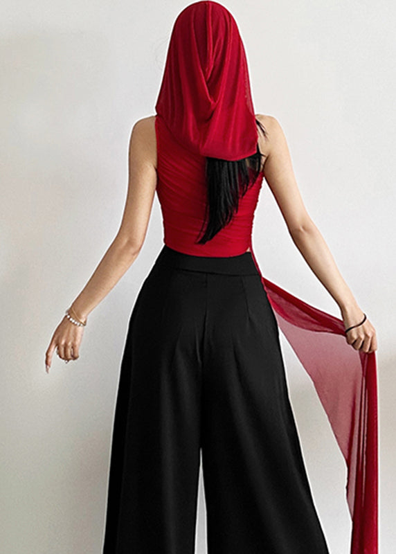 Slim Shoulder One Sleeveless Tulle Fit Red Asymmetrical Shirt