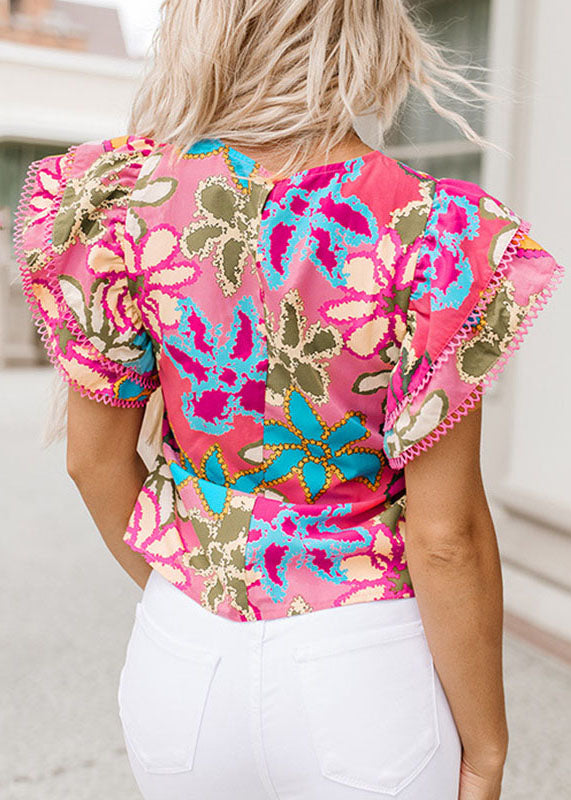 Green Ruffled Print Shirt Summer T Style O-Neck