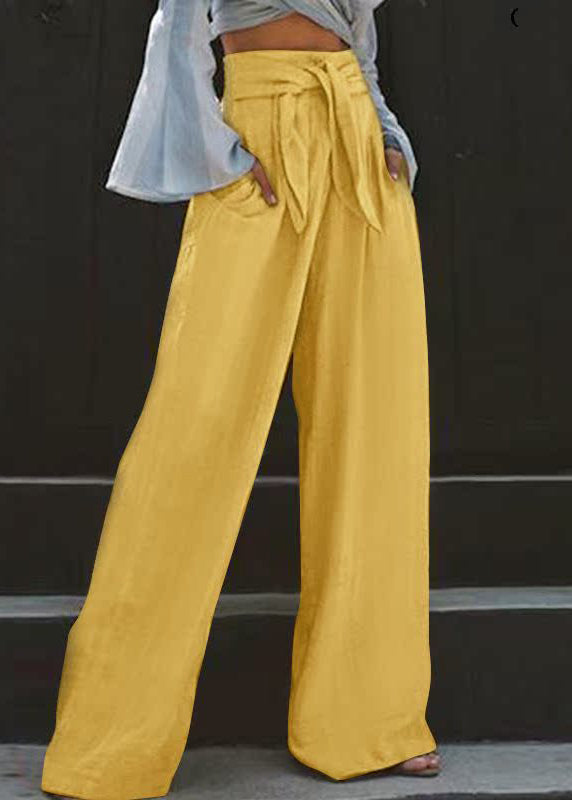 Pants High Stylish Pockets Yellow Leg Wide Summer Waist