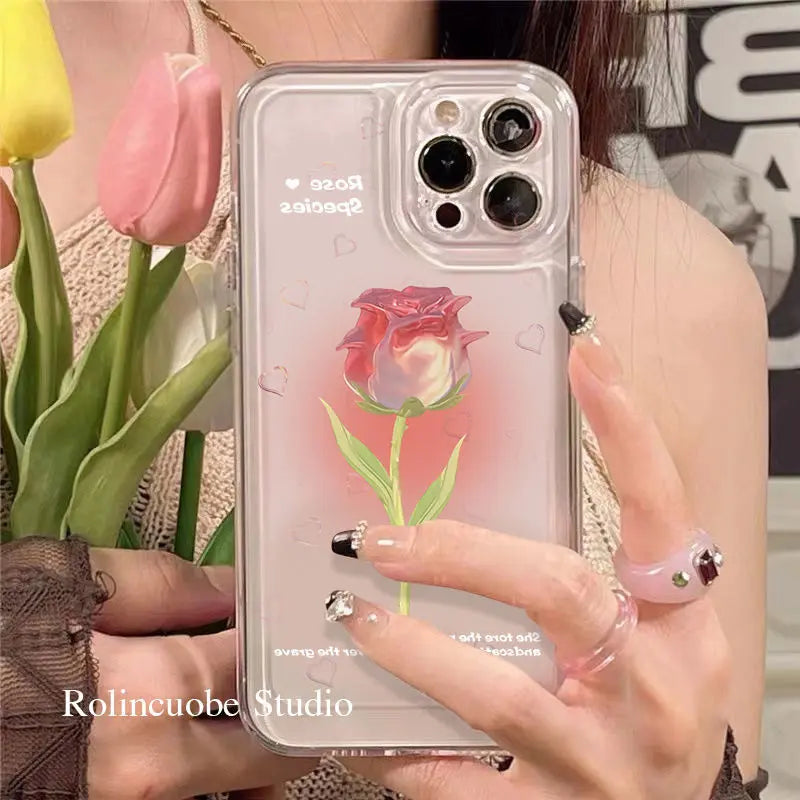 Coque de téléphone à fleurs de Rose douce, étui de protection transparent antichoc pour iphone 14 13 Pro Max 12 11 XR XSMax W356