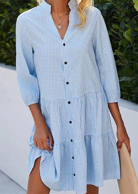 Mid Blue Fall Women Stand Collar Shirts Dress Button Plaid