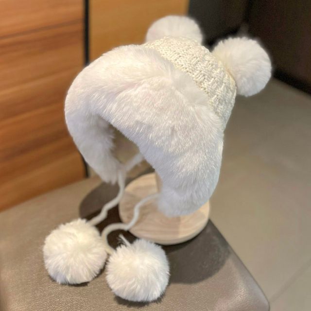 Fluffy Pom Panel Beanie