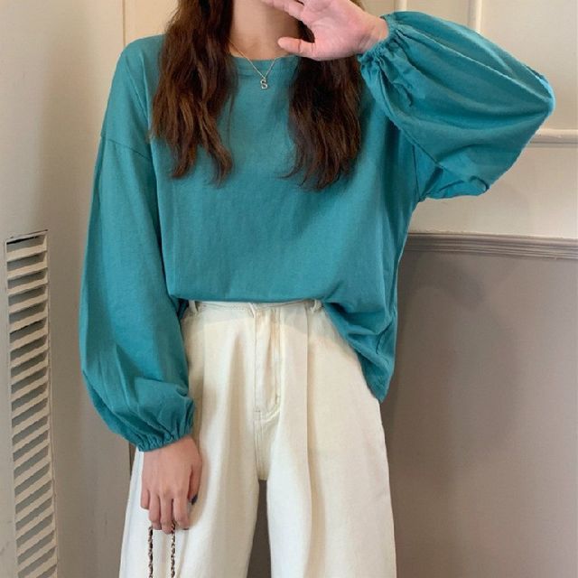 Oversized Round T-Shirt Plain Neck Long-Sleeve
