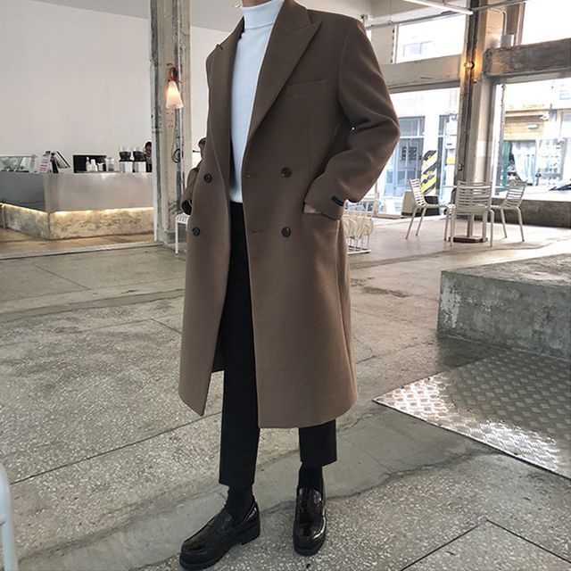 Long-Sleeve Plain Double-Breasted Woolen Coat