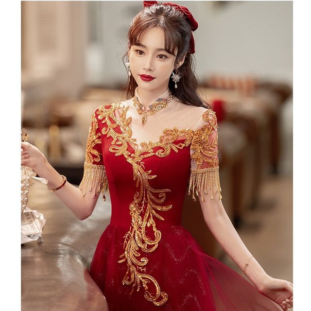 Short-Sleeve Sequin Fringed A-Line Evening Gown / Midi Dress – MK Kawaii  Store