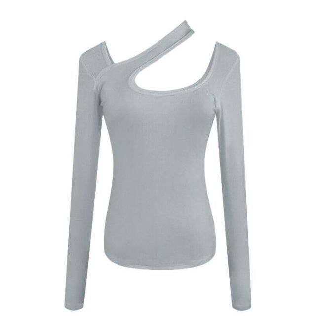 Cutout Asymmetrical Neck Long-Sleeve Plain T-Shirt