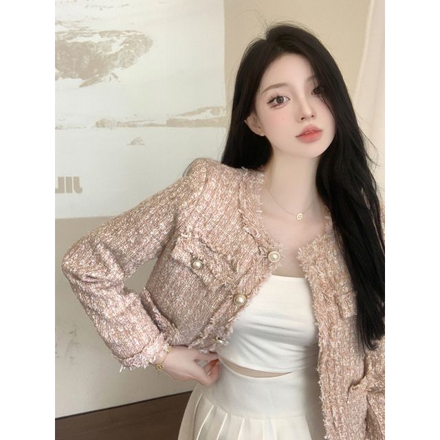 Fringed Tweed Single-Breasted Jacket