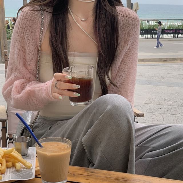 Plain Crop Open Front Cardigan