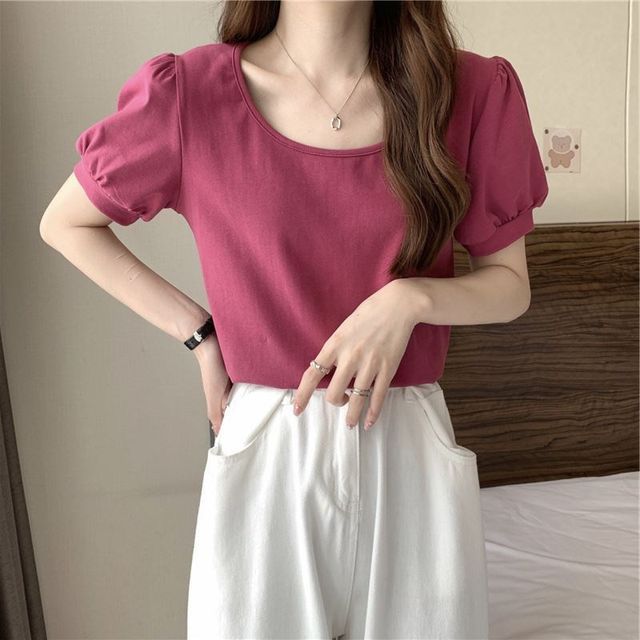 Neck Scoop Plain Puff-Sleeve T-Shirt