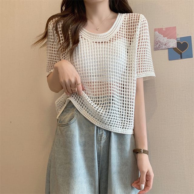 Perforated Knit Short-Sleeve Top