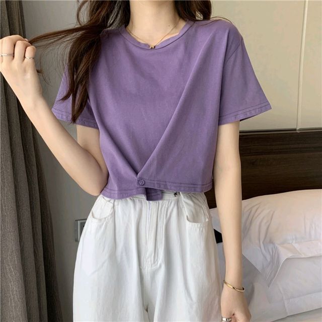 Neck Short-Sleeve Plain Buttoned Round Tee