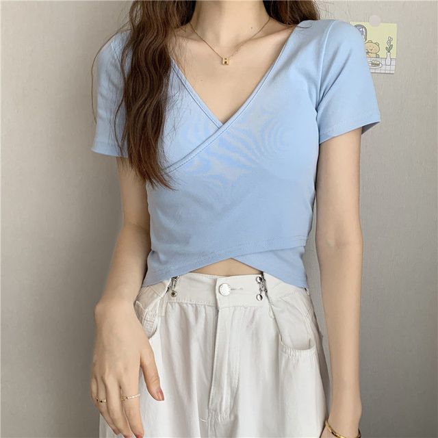 V-Neck Crop T-Shirt Wrap Plain Short-Sleeve