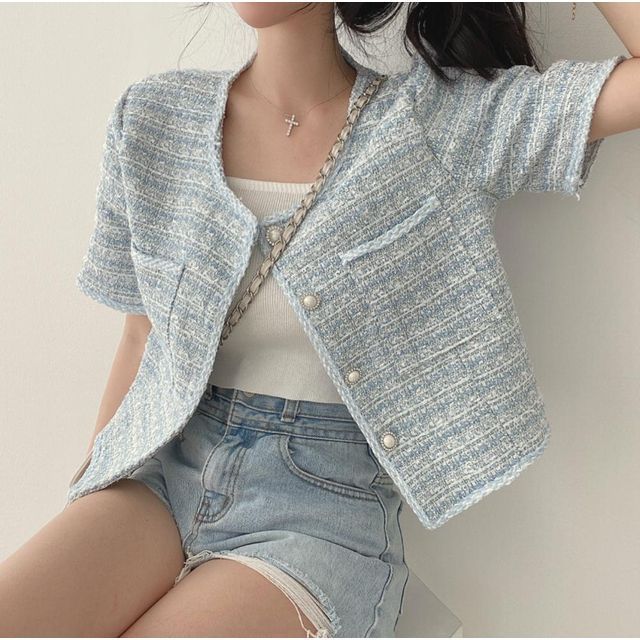 Short Sleeve Faux Pearl Button Tweed Blazer