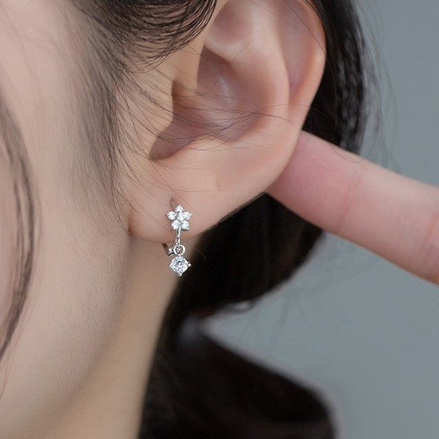 Floral Rhinestone Sterling Silver Hoop Earring