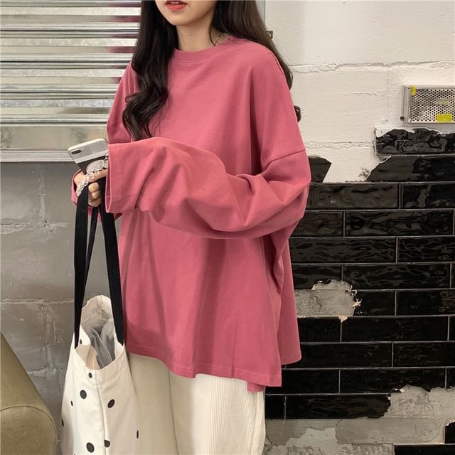 Long-Sleeve Oversized Neck Plain Round Slit T-Shirt