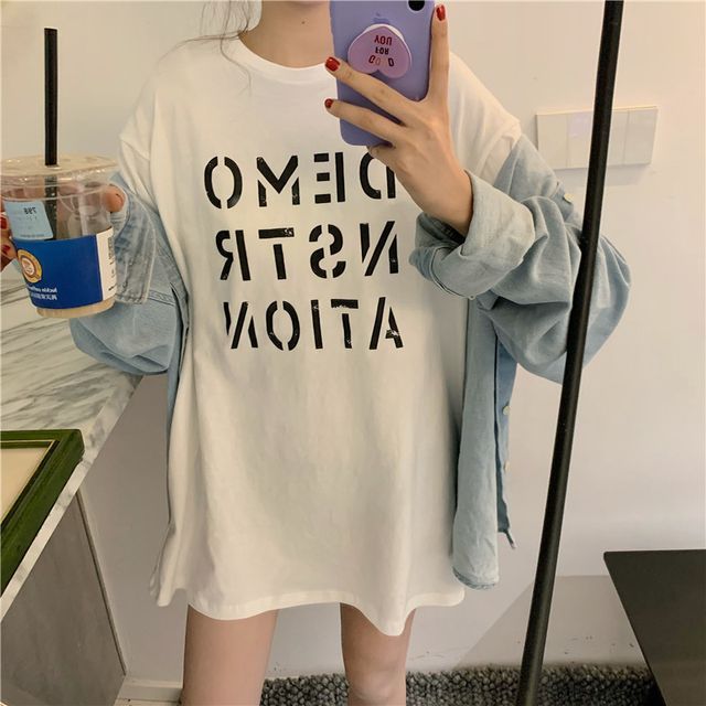 Neck Short-Sleeve Lettering Round Tee